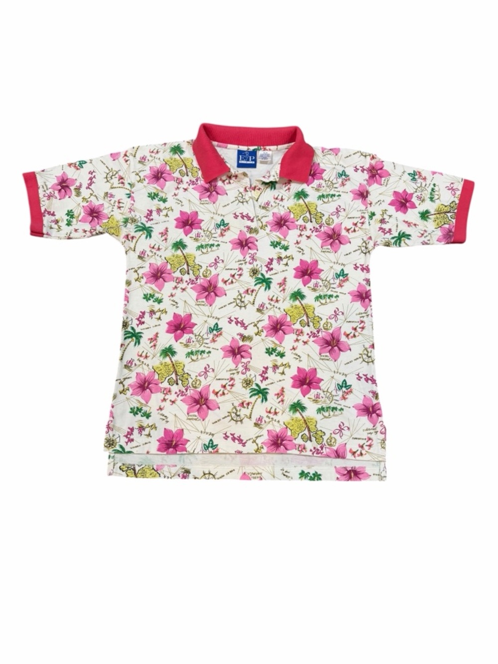 Vintage EP Pro Hawaiian Floral Polo Shirt Pink Hibiscus Map Print Golf Top Small